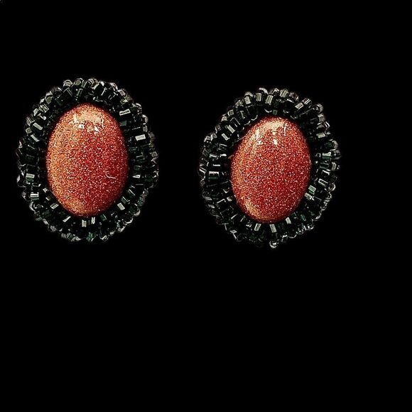Hand beaded goldstone black glass bugle bead earrings pierced artist made - Picture 8 of 13